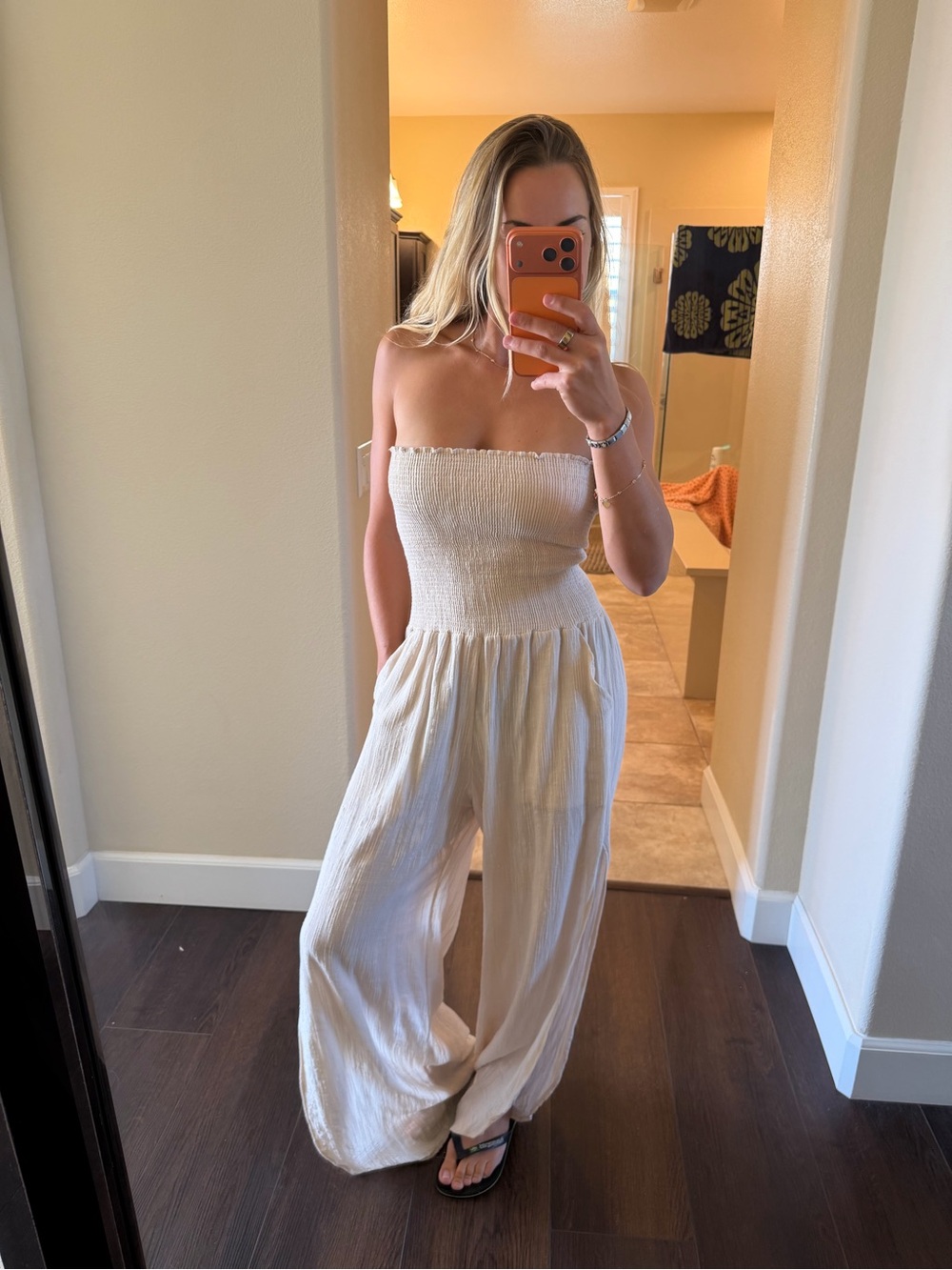 Peixoto Strapless Smocked Wide Leg Jumpsuit Cream Beige Size M